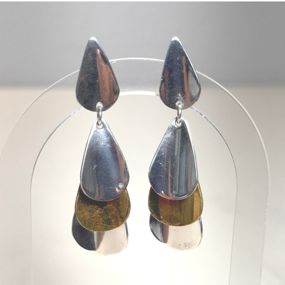 Taxco Mexico 925 Sterling Silver Mixed Metal Tiered Teardrop Earrings TC-164 GUC
